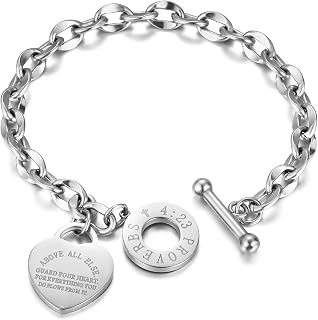 Heart Charm Bracelet for Women, Bible Verse Bracelet Stainless Steel 18K Gold Plated Bracelet Love Pendant Link Chain OT Clasp, Birthday Christmas Jewelry Gift for Mother Her