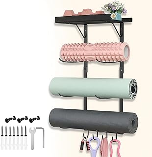 Yoga Mat Holder Wall Mount - 4 Tier Home Gym Storage Rack with Shelf & 5 Hooks, Gym Equipment Organizer & Wall Storage for Workout Room Decor