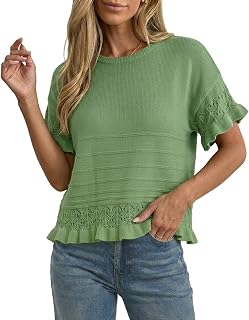 Womens Crochet Tops Summer Casual Ruffle Short Sleeve Peplum Sweater