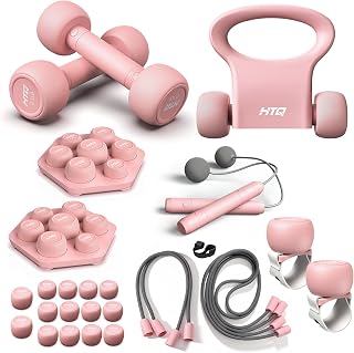 HTQ Adjustable Dumbbells, 5 in 1 Dumbbells Set Used as Barbell, Kettlebells, Jump Rope, Wrist Weights, Resistance Band, Fitness Exercises for Home Gym Suitable for Women, Pink/Green