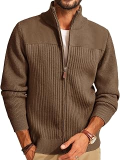Men's Full Zipper Cardigan Casual Stand Collar Cardigan Sweater Ribbed Knit Long Sleeve Sweater