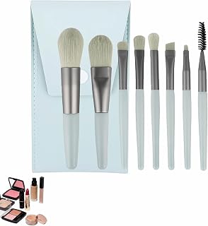 8-Piece Makeup Brush Set - Vegan Travel Brushes with Portable Case for Foundation, Blush, Eyeshadow - Soft Synthetic Kabuki Brushes Perfect for Beginners & Sensitive Skin (Cyan)