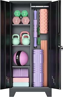 VASAAOSD 61IN Home Gym Storage Cabinet, Workout Equipment Storage Organizer | Lock Doors, For Kettlebells, Yoga Mat and Balls, Dumbbell and Weight Rack cabinet