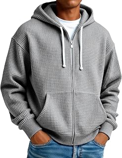 Mokaloha Sweatshirt For Men Waffle Full Zip Up Hooded Sweatshirts Pacificozy Solid Color Hoodie Casual Loose Fit Coat