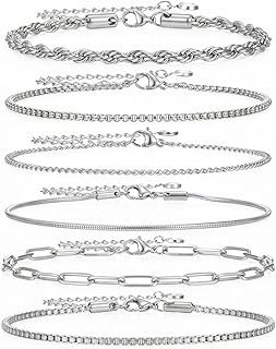 6Pcs Stainless Steel Chain Bracelets for Men Women, Cuban Rope Box Paperclip Wheat Link Chain Bracelet Set 7 Inch Adjustable Jewelry Gift