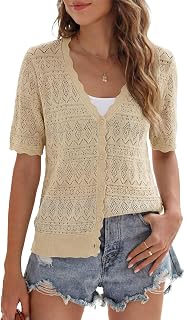 Womens Short Sleeve Cardigans Button Down Crochet Lightweight Spring Summer V Neck Knit Sweater Tops