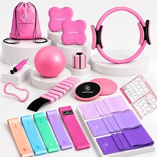 Pilates Kit for Home Workouts, 20-in-1 Pilates Equipment Set with 14.5" Pilates Ring, Pilates Ball, Resistance Bands, Ankle Weights, Exercise Sliders, Yoga Ring & Knee Pads for Joint Protection