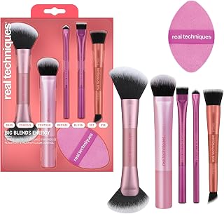 Real Techniques 6 Piece Big Blends Energy Brush + Dual-Sided Puff Kit, Face Makeup Brush & Puff Set for Foundation, Concealer, Powder & Blush, Travel Friendly, Cruelty-Free & Vegan