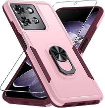 Designed for Moto G 2026/2025,Motorola G Play 2026 Case Built in Kickstand | Tempered Glass Screen Protector,Heavy Duty Full Body Phone Cover Built in Metal Ring Holder,Cute Pink