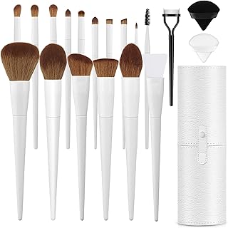 LUXBRU Makeup Brushes With Case 20PCs Professional Makeup Brush Set, Foundation Powder Eyeshadow Brush Set Eyebrow Concealer Contour Travel Brushes Kit with Holder & 2 Powder Puff-White