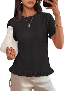 Women's Ruffle Sleeve Soft Knit Tops 2026 Trendy Cute Summer Short Sleeve Sweater Top Business Casual Fashion Cloth