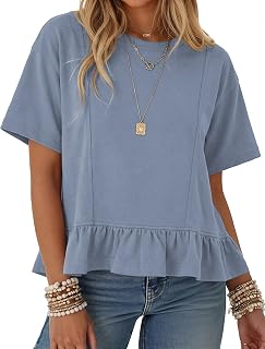Women Oversized Short Sleeve Crop Top Casual Crew Neck Ruffle Hem Babydoll Summer Blouses Peplum Pleated Tops