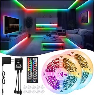 LED Strip Lights 65.6Ft(2 Rolls of 32.8ft), Dimmable 5050 RGB Color Changing Lights Strip with 40 Key IR Remote Controllers, Self-Adhesive Flexible 12V Bright LED Tape Light Kit for Home Party Holiday