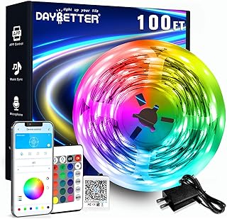 DAYBETTER LED Strip Lights 100ft RGB Lights Strip for Bedroom, Desk, Indoor Room Living Room Brithday Gifts Home Decor with Remote, 24V Power Supply