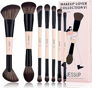 Jessup Makeup Brushes Set 7pcs Double Sided Makeup Brushes for Foundation Concealer Blush Eyeshadow Contour Bronzer Powder Blending Eyebrow Eyeliner, Cruelty-Free Make up Brushes Peach Dust T600