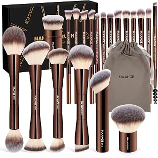 MAANGE 20 PCS Foundation Makeup Brush Set, Double-ended Kabuki Contour Brush for Liquid Powder Concealer Blending Blush Face Makeup Tools with Gift Box (Coffee)