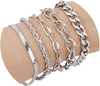 Bracelets for Women Trendy Waterproof 316 Stainless Steel 18K Real Gold Plated Jewelry Sets Chunky Stackable Cuban Link Paperclip Herringbone Rope Chain Bracelet Pack Gifts Silvery/Gold-Tone