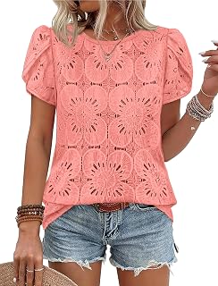 Blouses for Women Dressy Casual Petal Short Sleeve Shirts Crochet Lace Boho Tops Spring Fashion Summer Outfits