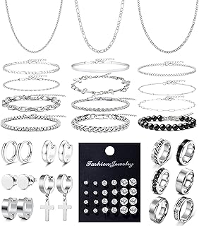 Jewelry Set for Men Silver Stainless Steel Cuban Link Necklace Bracelet Rings Hoop Stud Earrings Mens Jewelry Set