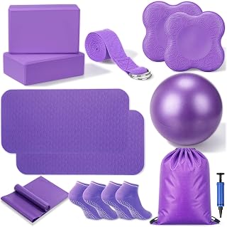 Thenshop 12 Pcs Home Pilates Kit for Women Workouts, Purple Yoga Equipment Set with Yoga Mats Socks Balls Blocks Resistance Bands Strap Knee Pads and Fitness Storage Bag Accessories for Starter