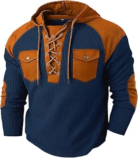 Men's Color Block Waffle Knit Hooded Sweater with Lace-Up Neckline, Perfect for Casual and Outdoor Wear