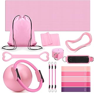 RoundFunny Set of 18 Pilates Ring Essential Kit for Women Pilates Ring and Ball Ankle Resistance Band Yoga Strap Socks Mat Arm Stretcher Latex Tube Gym Back Bag Exercise Equipment for Workout
