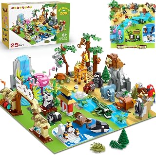 HOGOKIDS 25 Animals Zoo Building Set with Play Mat - 8 Pack Zoo Scene modules Blocks Toy for Easter Valentines Day Party Favors Classroom Prizes Fillers Birthday Gifts for Kids Boys Girls 6+ (1460PCS)