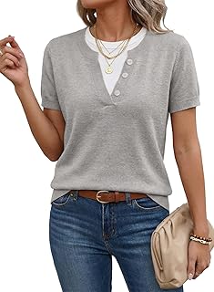 Womens Sweaters Short Sleeve Color Block Tops Lightweight Summer Fall Shirts Business Casual Pullovers