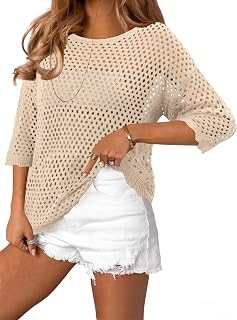 Women's Casual Spring Summer Half Sleeve Beach Swim Cover Ups Crochet Hollow Out Tops