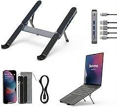 YUATAUY Ultra Compact Laptop Stand with 4 USB Ports, USB Hub for Desk, Foldable Portable for Travel, Library, Home, Office, Cafe, 6-Level Ergonomic Adjustable Aluminum Holder for 10-16" Laptops