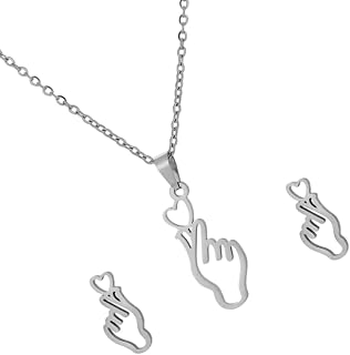 Trendy Hand Heart Gesture Shape Stainless Steel Pendant Necklace and Studs Earrings Suitable for Individualistic Women