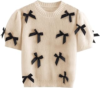 Women's Sweaters Knitted Crewneck Puff Bubble Short Sleeve Pullover Tops Casual Bow T Shirts Chic Blouses