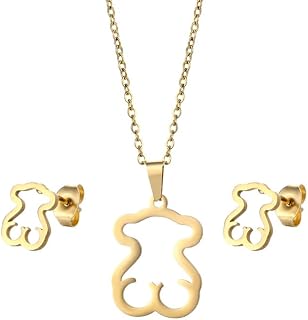 Stainless Steel Set Chain Female Love Hollow Bear Pendant Necklace Earrings Clavicle Chain Jewelry
