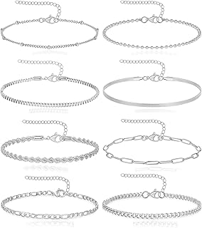 8Pcs Bracelets Stainless Steel Chain Bracelet Satellite Bead Box Herringbone Rope Paperclip Figaro Cuban Link Bracelet for Women Silver Gold Plated 6.5 Inches Adjustable