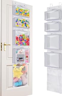 Over Door Organizer and Storage, Hanging Toy Holder with 4 Clear Removable Pouches, Toddler Room Wall Stuffed Animal Bag Case, Kids Playroom Closet Organization for Building Block, Puzzle