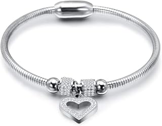 Jewelers Stainless Steel Heart Charm Cubic Zircon Anniversary Valentine Bangle Bracelet