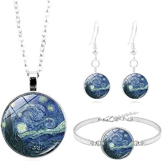 Van Gogh Starry Night Sky Sunflower Earrings Bangle Bracelet Pendant Necklace Set Artistic Painting Dangle Earrings Stainless Steel Art Jewelry Set for Women Girls Teens
