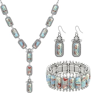 4 Pieces Silver Bohemian Jewelry Set for Women Fashion Costume Jewels Turquoise Necklace Bracelet Earrings Western Turquoise Jewelry Set for Women