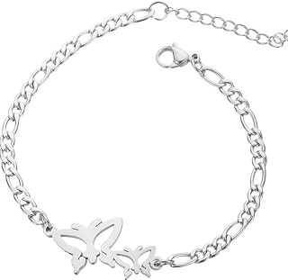Jewelers Stainless Steel Butterfly Charm Figaro Chain Adjustable Size Strand Bracelet