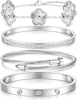18K Gold Bracelets for Women - Stackable Clover & Nail Love Bangle Set - Stainless Steel Non-Tarnish Jewelry Gift for Birthday Valentine's, Mother's Day & Christmas