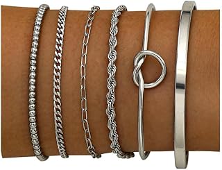 6Pcs Gold Bracelets 14K Gold Plated Stainless Steel Link Chain Bracelet Waterproof Stackable Cuban Paperclip Bead Rope Love Knot Cuff Bracelets for Women 6.5 Inches Silver Gold Tone Adjustable