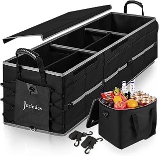 Collapsible Trunk Organizer for Car with Insulated Leak proof Cooler Bag, 3 Compartments SUV Cargo Organizer Removable Dividers, 5 in1 Car Storage Organizer with Foldable Lid,2 Tie-Down Straps(Black)