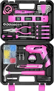 Pink Tool Set for Women,130 Piece Home Tool Kit for Women with 3.6V Cordless Rechargeable Screwdriver,Basic Household Tool Kit Set for New Home,Apartment,College Dorm & DIY Projects
