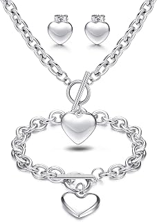 Heart Pendant, Necklace, Bracelet & Stud Earrings Set - Stainless Steel Love Heart Jewelry for Women - Halloween