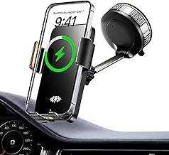 Car Phone Holder Charger, 15W Wireless Car Charger with Auto Clamp & Smart Sensor, Rotating Vacuum Suction Cup Dashboard/Windshield Phone Mount, 360° Adjustable Car Mount for iPhone, Samsung, Black