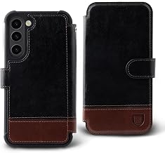 VANAVAGY Compatible for Galaxy S23 Wallet Case for Women Men, PU Leather Flip Cover with Wrist Strap for Wireless Charging with RFID Blocking Card Holder Screen Protector,Black-Brown