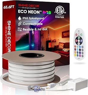 Shine Decor LED RGB Neon Rope Lights AC 120V, Expandable & Cuttable Bright Strip Lighting with Remote, Dimmable Color Changing, ETL Cold-Resistant & IP65 Waterproof for in&Outdoor, 10x20mm, 65.6FT