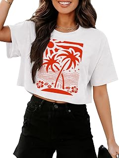 Womens Short Sleeve Crops Tops Summer Graphic Tees Crew Neck Cropped T Shirts Casual Loose Fit Blouse