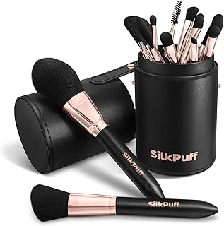 Silkpuff Makeup Brushes Set 15 Pcs Professional, Travel Makeup Brushes With Brush Case, Pearlescent Wood Handle, Premium Cruelty-Free Synthetic Fiber Hair, Foundation Concealer Eye Shadow Blush（Black）