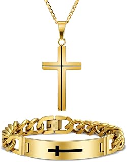 Cross Necklace and Bracelet Set for Men Women Stainless Steel Chain with Cross Pendant Beveled Edge Gold Crucifix Necklace Religion Jewelry Gifts for Him